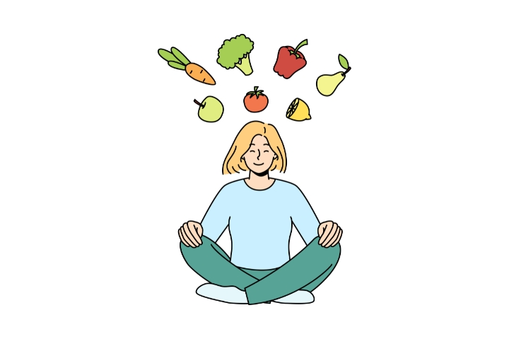 a woman thinking about healthy habits with fruit overhead