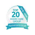 The white and turquoise top 20 Home Care Group Award Logo, it shows the award name and year in a rosette-style design.