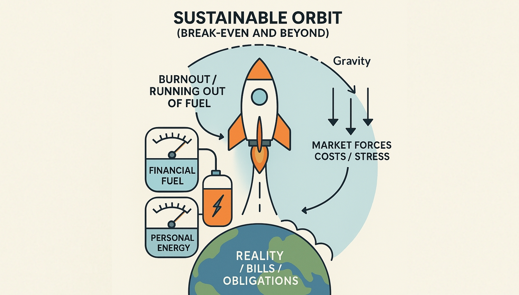 A diagram showing the rocket of sustainable business, running on the fuels of personal energy and financial support.