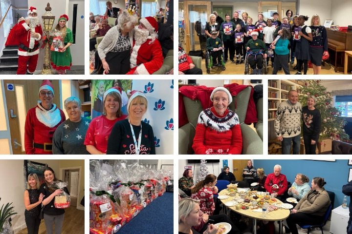 Collage of Christmas 2025 celebrations at Radfield Home Care Chester and Ellesmere Port, showing clients enjoying day centre activities, festive meals, afternoon tea, Santa visits, Care Professionals in Christmas jumpers, and community hamper deliveries