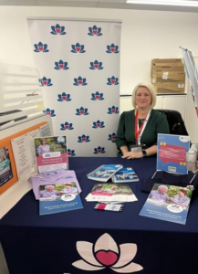 Amanda Saint at a Care Show, talking about care vacancies in Derby
